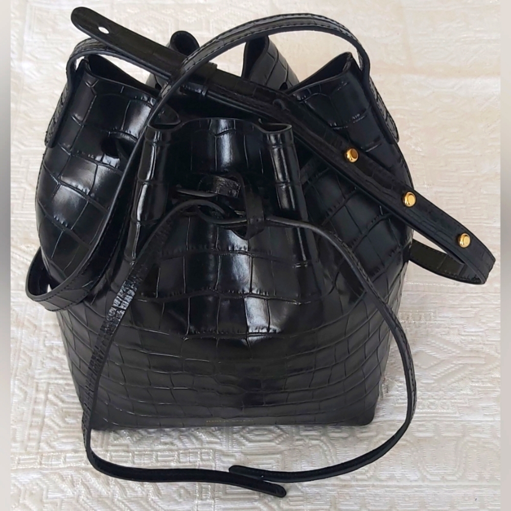 Mansur Gavriel Croc Embossed Black Leather Bucket Bag